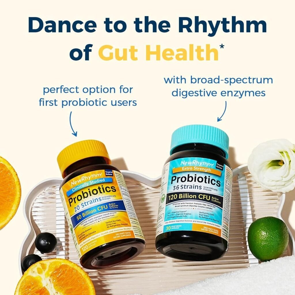 NewRhythm Probiotics 50 Billion CFU 20 Strains, 60 Veggie Capsules, Targeted Release Technology, Stomach Acid Resistant, No Need for Refrigeration, Non-GMO, Gluten Free NewRhythm Probiotics 50 Billion CFU 20 Strains, 60 Veggie Capsules, Targeted Release Technology, Stomach Acid Resistant, No Need for Refrigeration, Non-GMO, Gluten Free