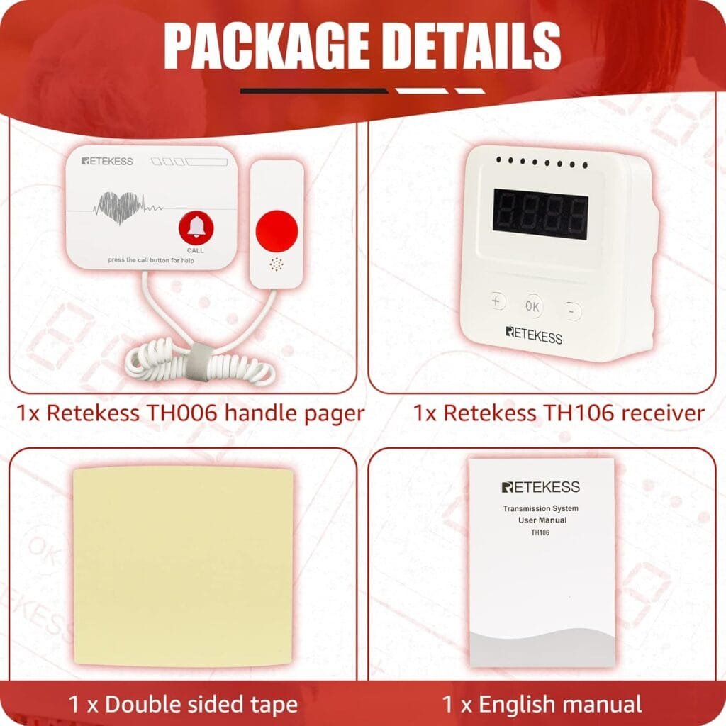 Retekess TH106 Wireless Caregiver Pager, Medical Alert Systems, Plug and Battery Powered Support, Pull Rope Call Button for Seniors, Elderly, Patients, Disabled