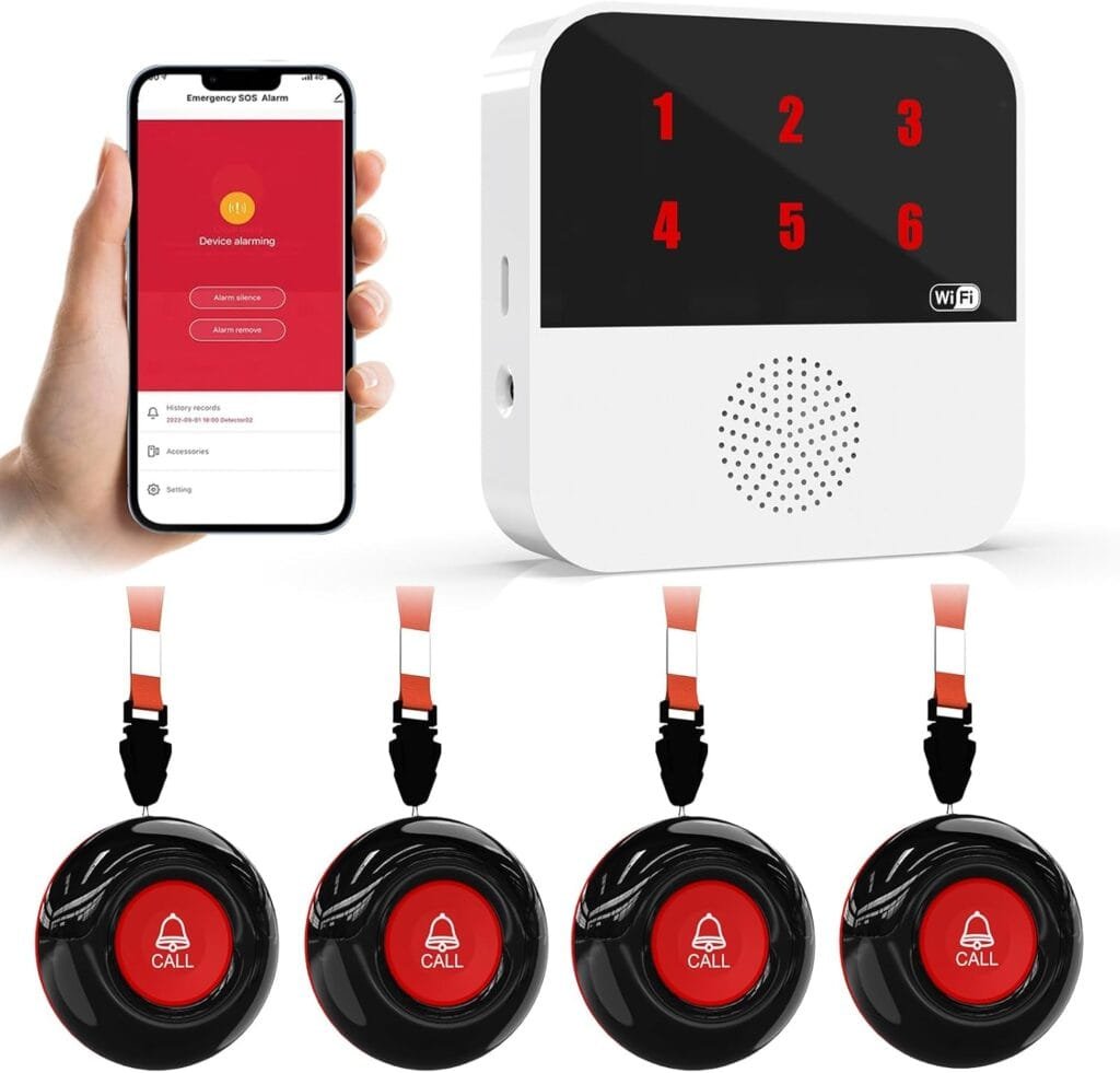 WiFi Smart Wireless Caregiver Pagers for Elderly Alert Button That Calls Cell Phone Caregiver Alert System with LED Number Display 2 SOS Call Button 1 Receiver(Only Supports 2.4GHz  No Monthly Fee)